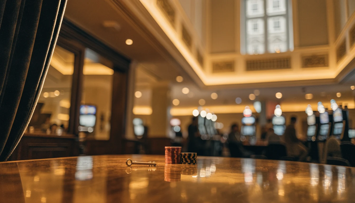 Casino-Innenraum mit Spielchips und goldenem Schlüssel auf einem Holztisch